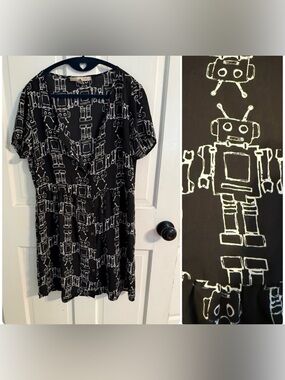 Y2K Love 21 Robot Print Dress Black Novelty Mini Sheath Futuristic Geek Chic